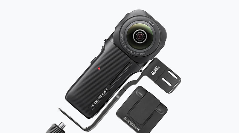 Insta360官方一英吋全景相機，隱形麥克風支架(RØDE Wireless GO and GO II專用)裝上主機斜放展示圖